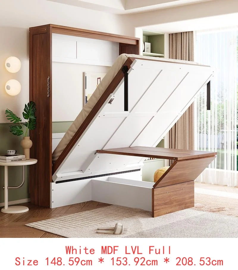 Walnut & Gray Full-Size Murphy Bed with Foldable Desk - Space-Saving Wall Bed for Compact Living