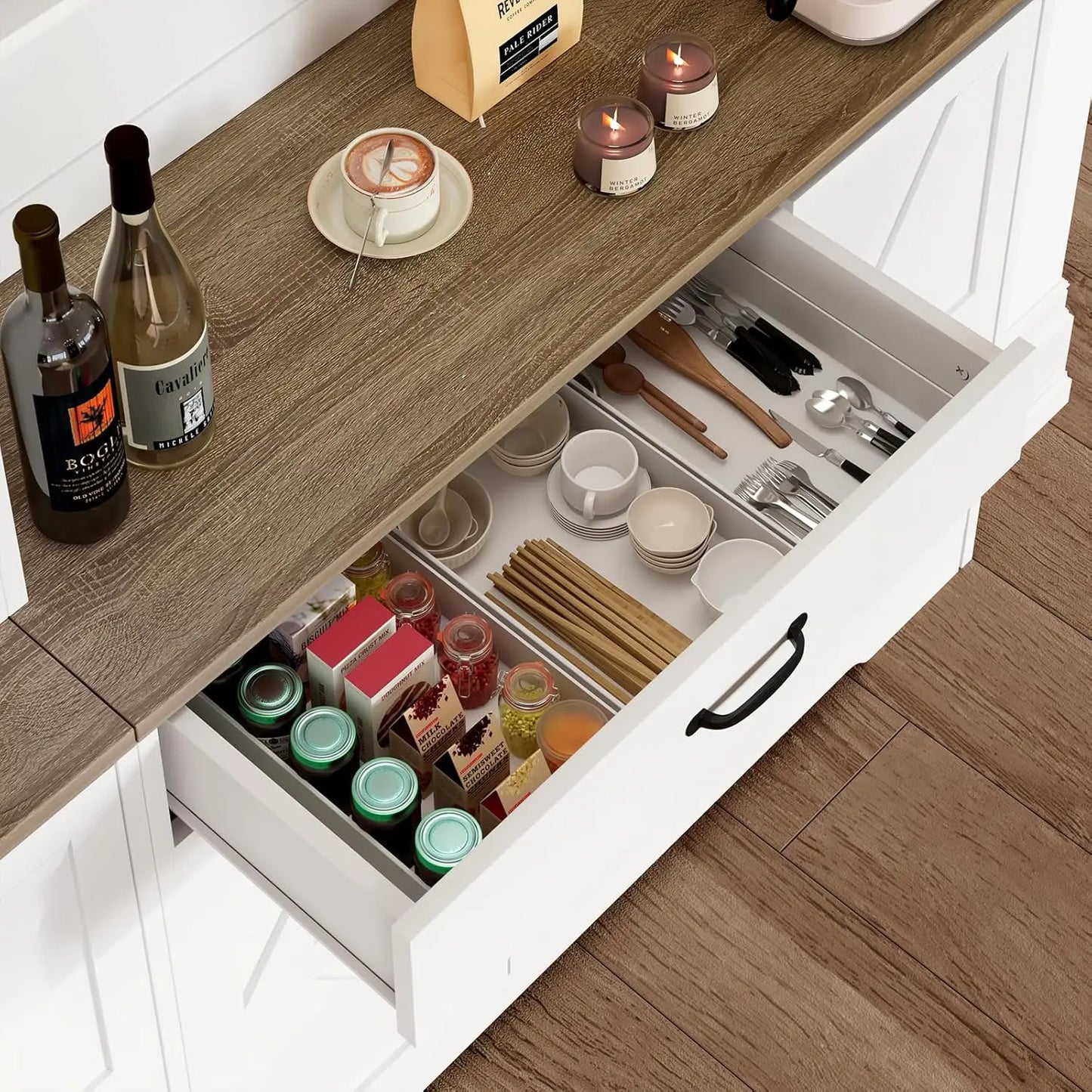 "71in White Kitchen Pantry Cabinet w/ USB Charging Station, Coffee Bar & Appliance Storage for Dining Room"