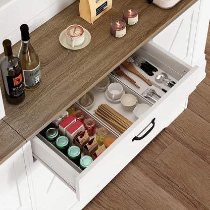 "71in White Kitchen Pantry Cabinet w/ USB Charging Station, Coffee Bar & Appliance Storage for Dining Room"