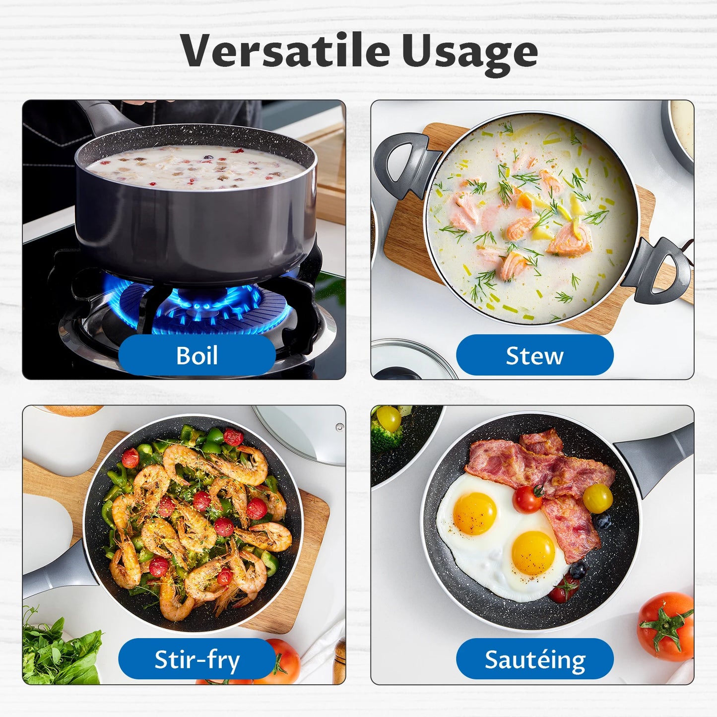 Induction Cookware Pots and Pans Set 10 Piece, BEZIA Dishwasher Safe Nonstick Cooking Pans, Stay-Cool Bakelite Handle