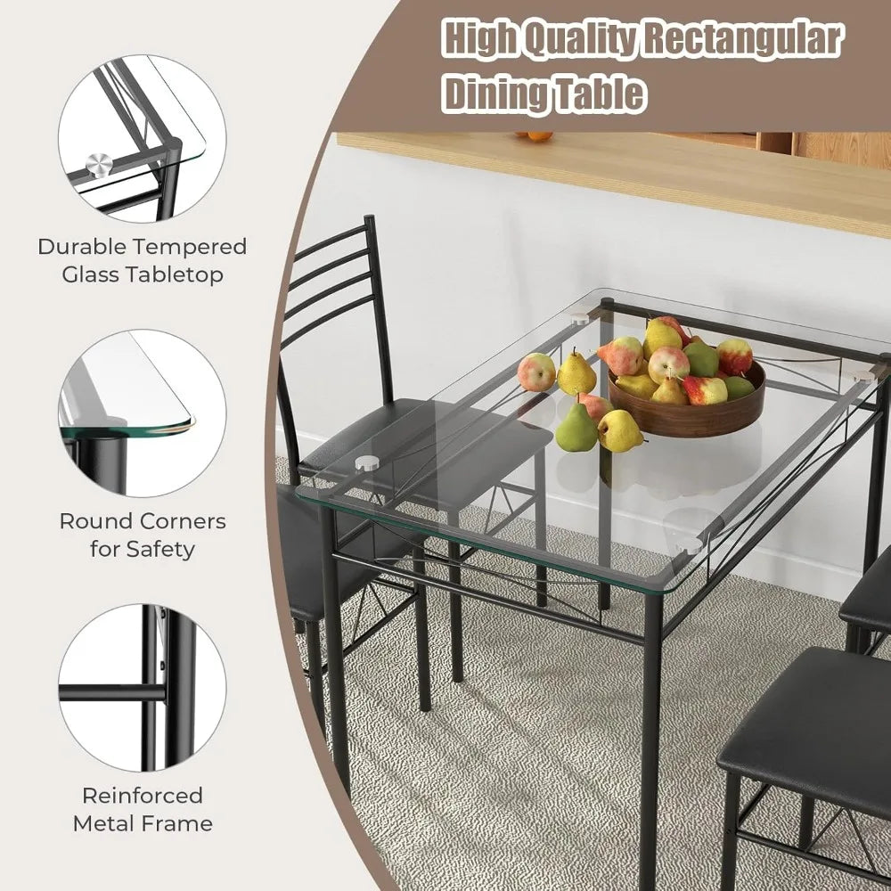5 Piece Dining Table Set, Kitchen Dining Set with Tempered Glass Table Top and 4 Upholstered Chairs, Dinette Set for 4 for Brea