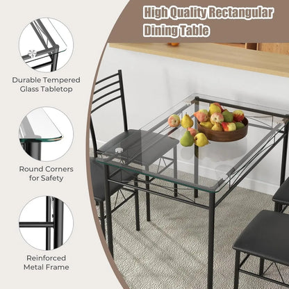 5 Piece Dining Table Set, Kitchen Dining Set with Tempered Glass Table Top and 4 Upholstered Chairs, Dinette Set for 4 for Brea