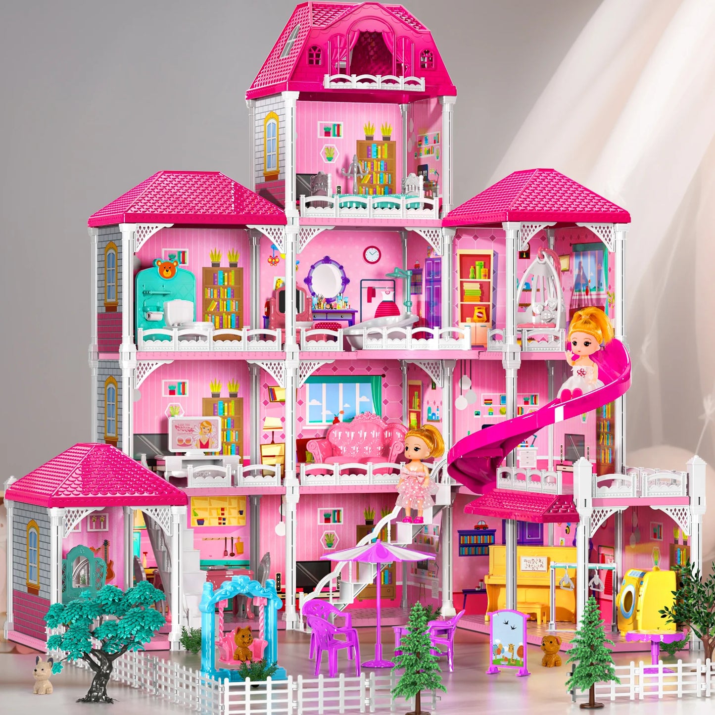Pretend Play Villa Kids Toys For 3-8 Ages Girls 12 Rooms Doll House With 2 Dolls And Accessories Slide Birthday Gifts For Girls