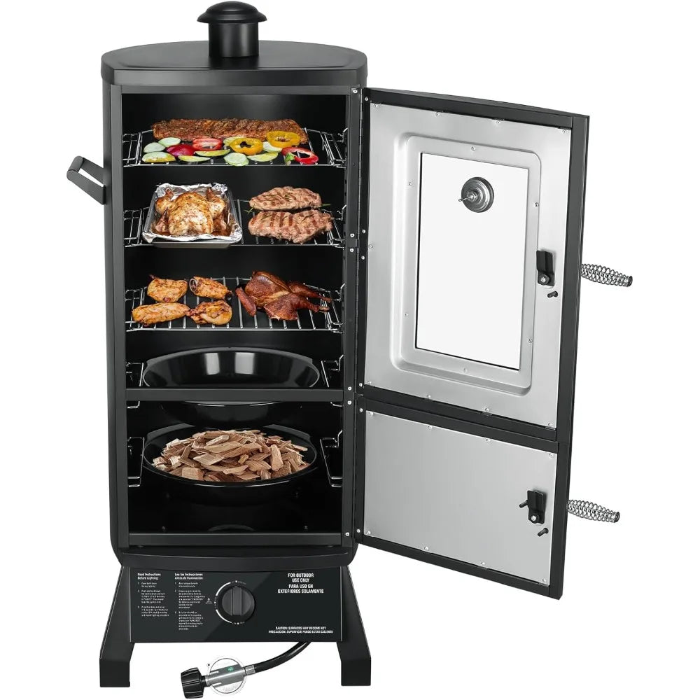 Propane Smoker with Cover, Vertical Smoker Grill with Temperature Control Outdoor Heavy Duty Three Removable Smoking Shelves, Bl