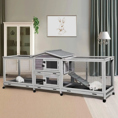 Rabbit Hutch Bunny Cage Indoor & Outdoor Rabbit Cage on Wheels, Guinea Pig Cage with 4 Deep No Leakage Pull Out Trays - 93.7"