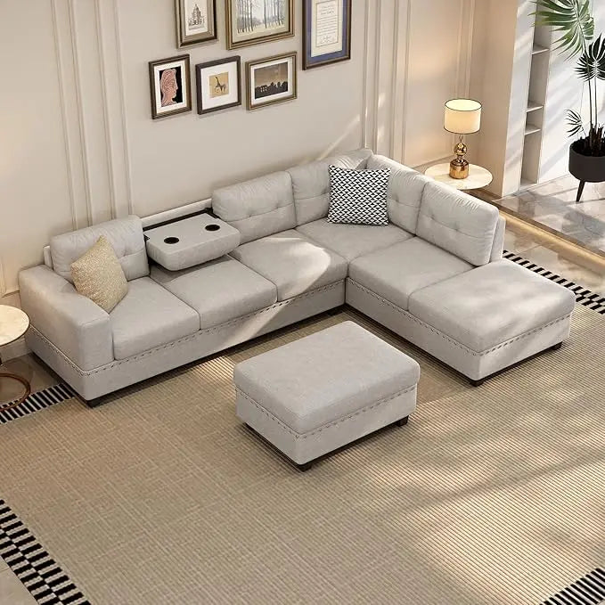 Modern Sectional Sofa with Storage Ottoman with 2 Pillows and 2 Cup Holders