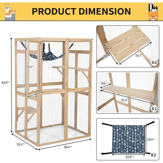 Wooden Outdoor Cat Enclosure with Window Access, Patio Shelter, and Hammock for Indoor Use