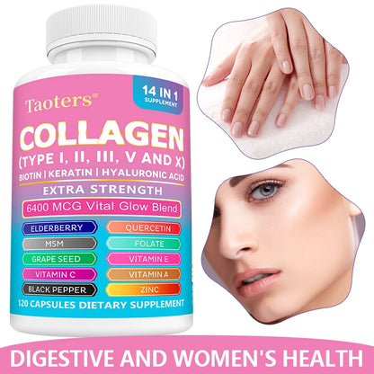 Collagen Types I, II, III, V and X - Biotin, Capillary Vitamin, Hyaluronic Acid - Supports Skin, Hair, Nails and Joints