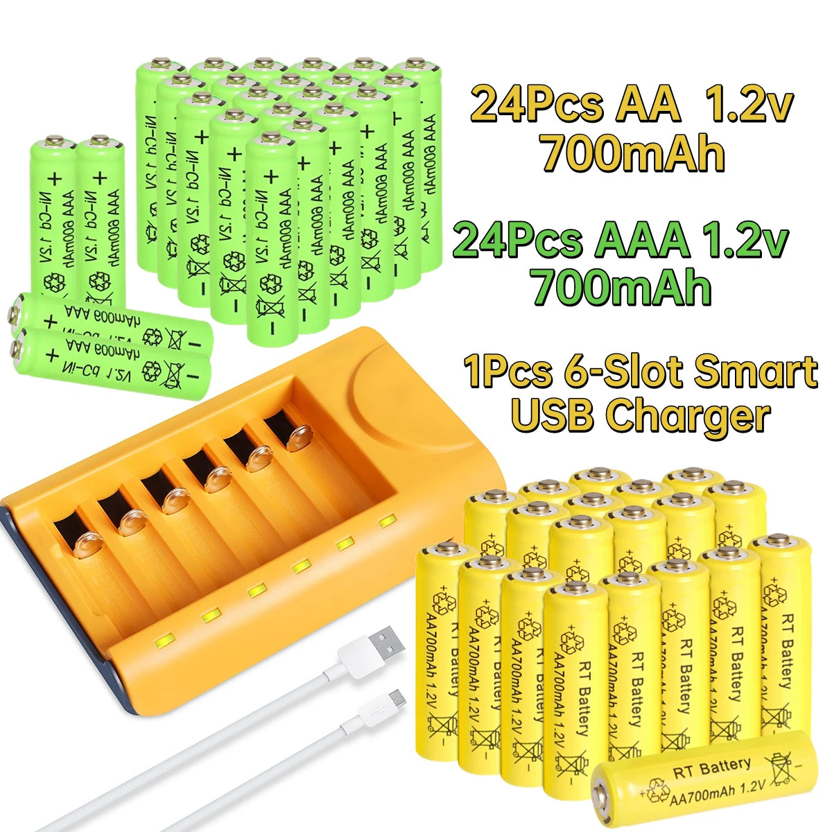 Skywolfeye 30pcs/24pcs/18pcs/12pcs/6pcs AA AAA NiMh 1.2V 700mah Rechargeable Battery Set with 6 Slot Battery Charger