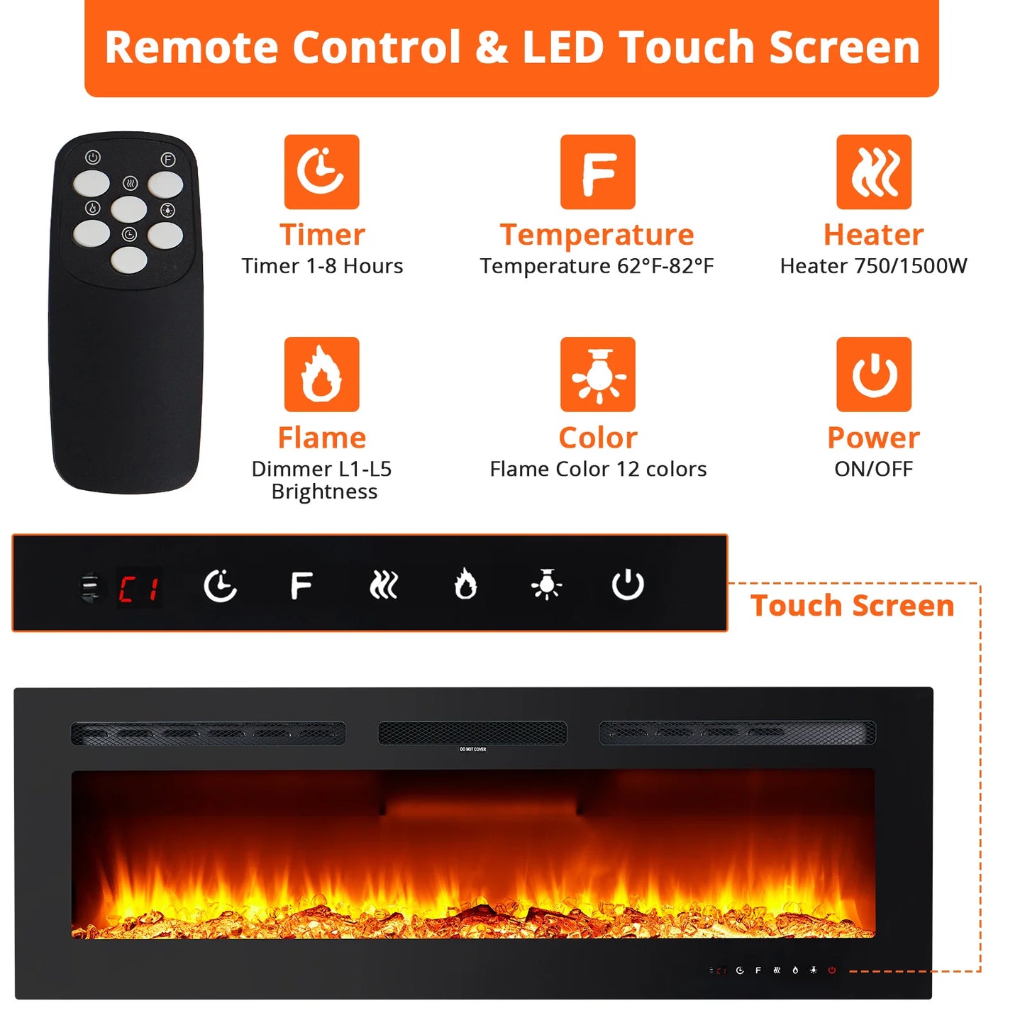 60" Electric Fireplace, 3.85" Ultra-Thin Recessed & Wall Mounted Fireplace, 1500w Heater (5120BTU), 12 LED Flame Colors