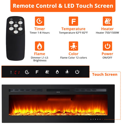 60" Electric Fireplace, 3.85" Ultra-Thin Recessed & Wall Mounted Fireplace, 1500w Heater (5120BTU), 12 LED Flame Colors