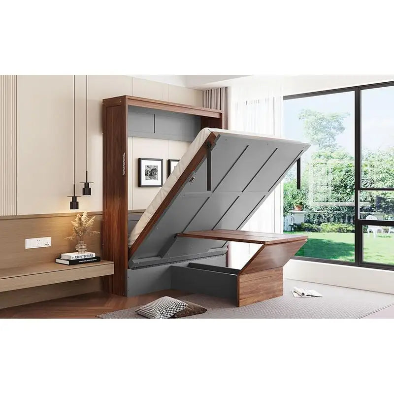 Walnut & Gray Full-Size Murphy Bed with Foldable Desk - Space-Saving Wall Bed for Compact Living